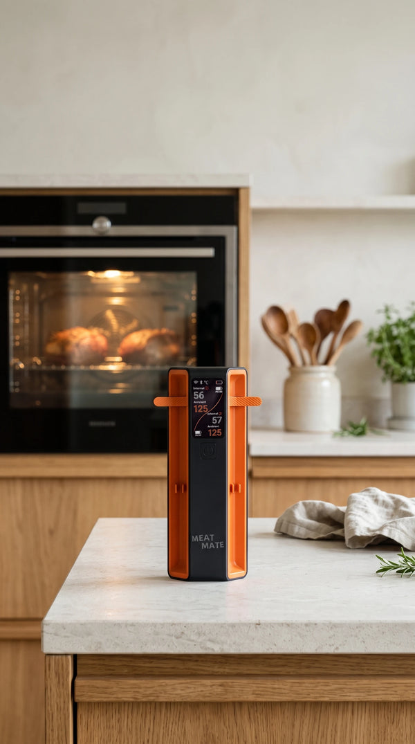 MEAT MATE on the kitchen counter while a chicken roasts in the oven
