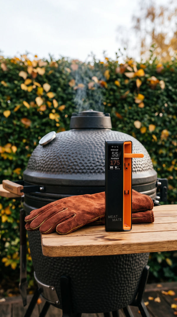 MEAT MATE beside an open kamado grill with a roast chicken
