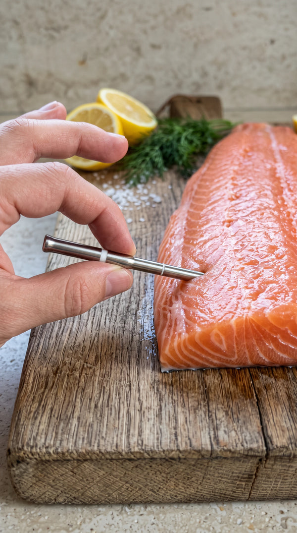 The MEAT MATE probe going into a raw salmon fillet