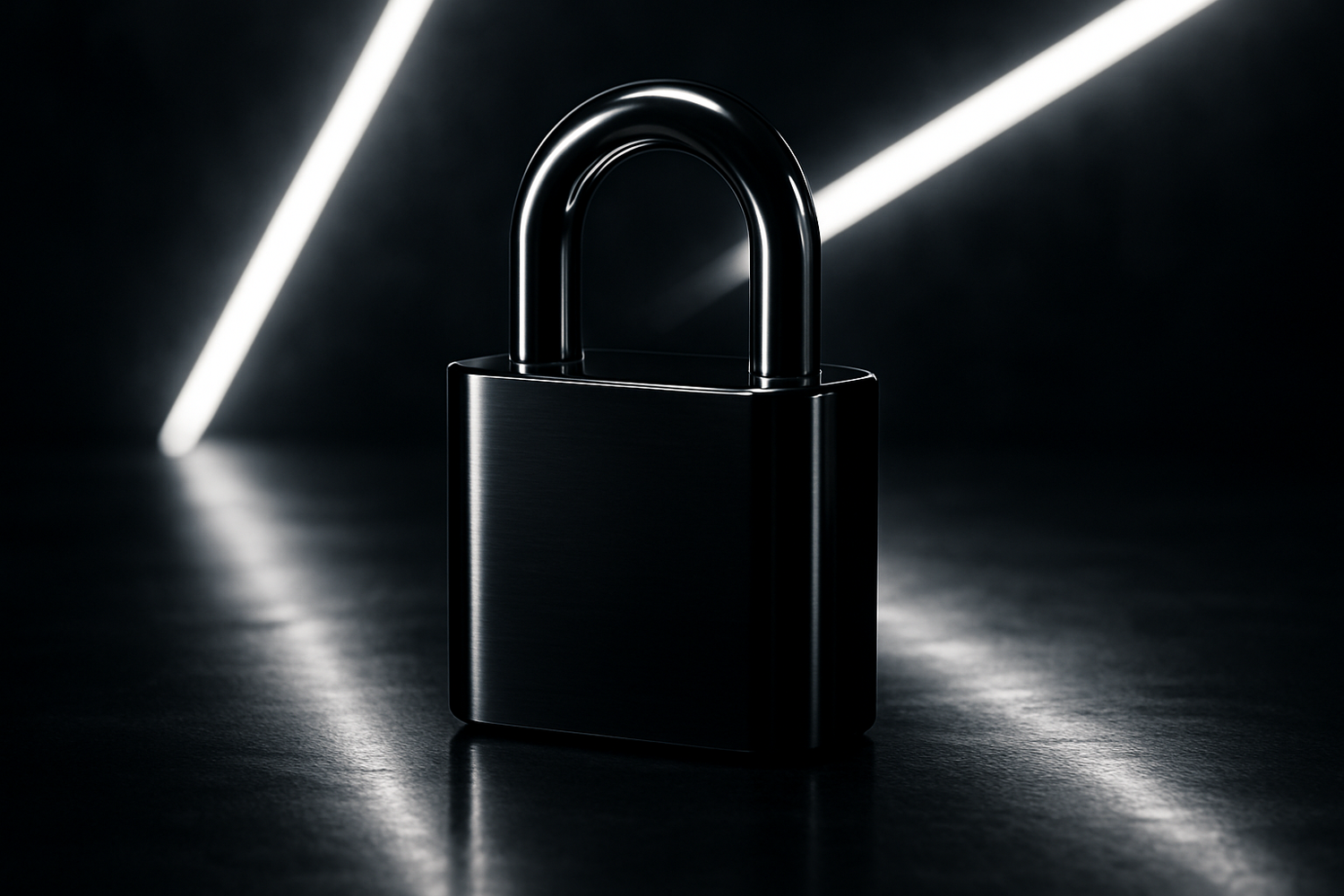  A black lock with modern white light reflecting on it in a dark setting. 