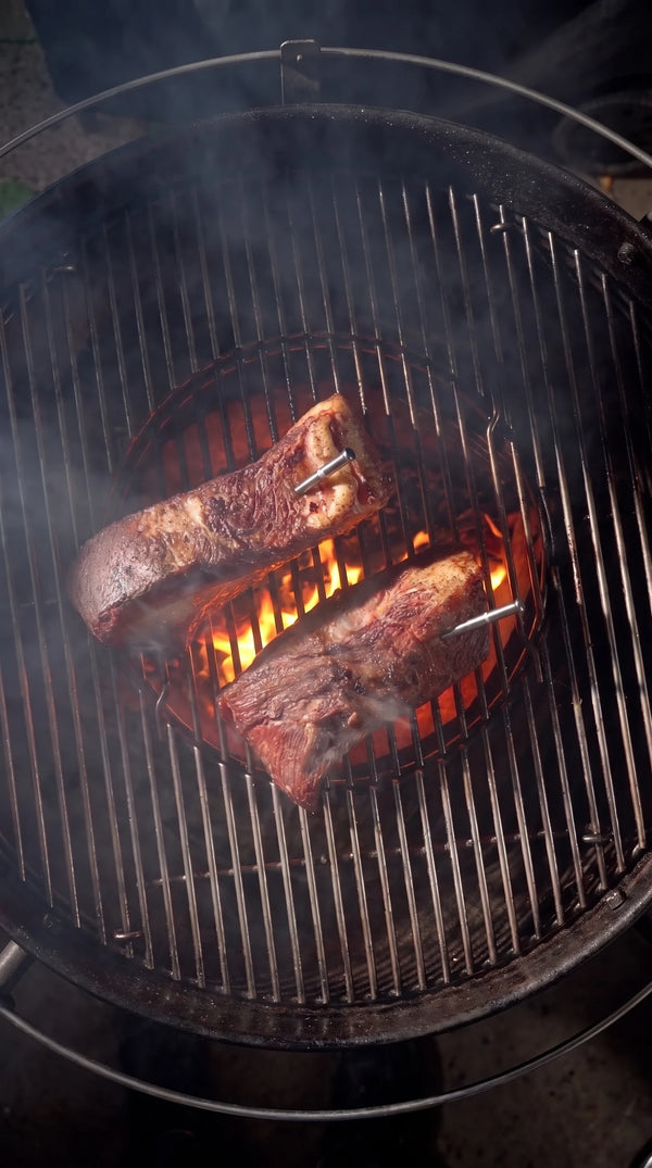 Following the cook in the MEAT MATE app beside a kamado grill